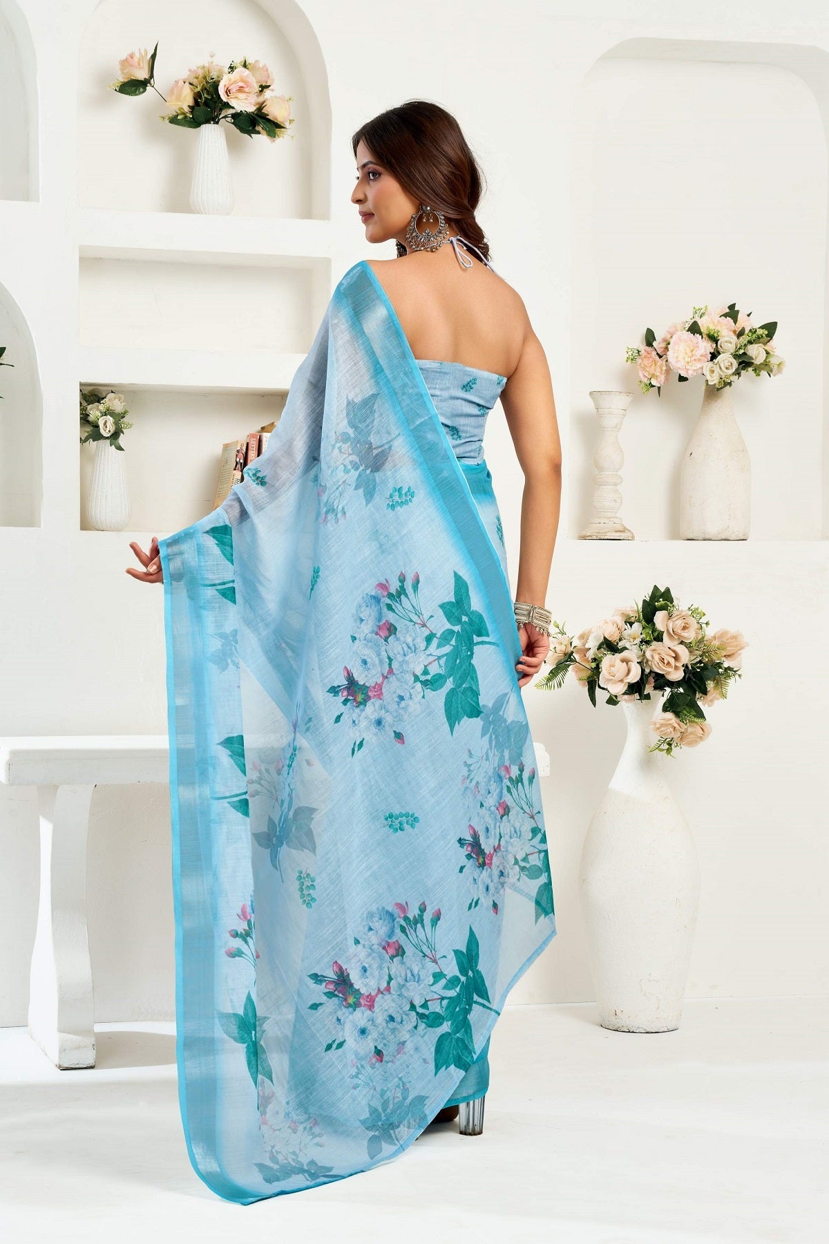 Dwija Fashion Powder Blue Party Wear Printed Linen Ready To Wear Saree With Unstitched Blouse | Grocsy