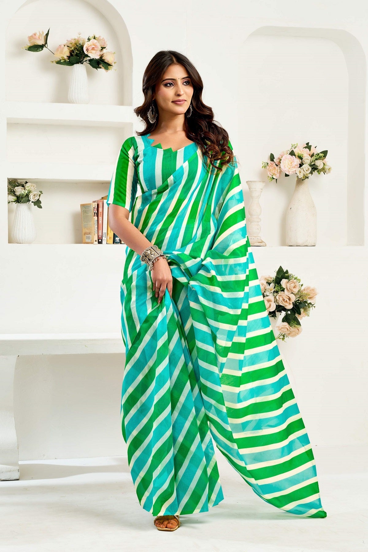 Dwija Fashion Multicolor Party Wear Printed Linen Ready To Wear Saree With Unstitched Blouse | Grocsy