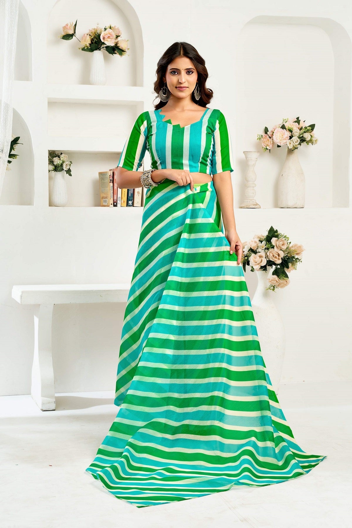 Dwija Fashion Multicolor Party Wear Printed Linen Ready To Wear Saree With Unstitched Blouse | Grocsy