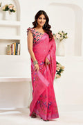 Dwija Fashion Pink Party Wear Printed Linen Ready To Wear Saree With Unstitched Blouse | Grocsy