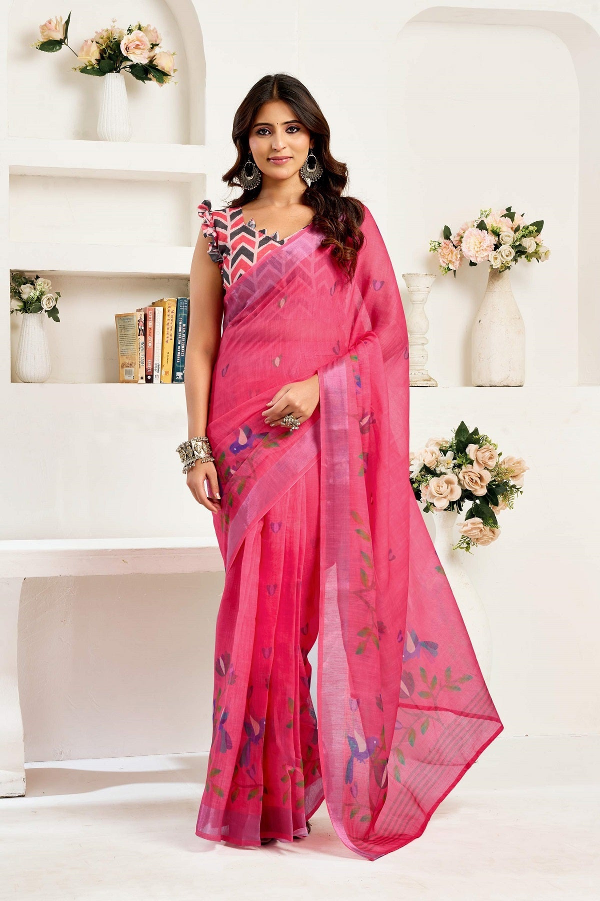 Dwija Fashion Pink Party Wear Printed Linen Ready To Wear Saree With Unstitched Blouse | Grocsy