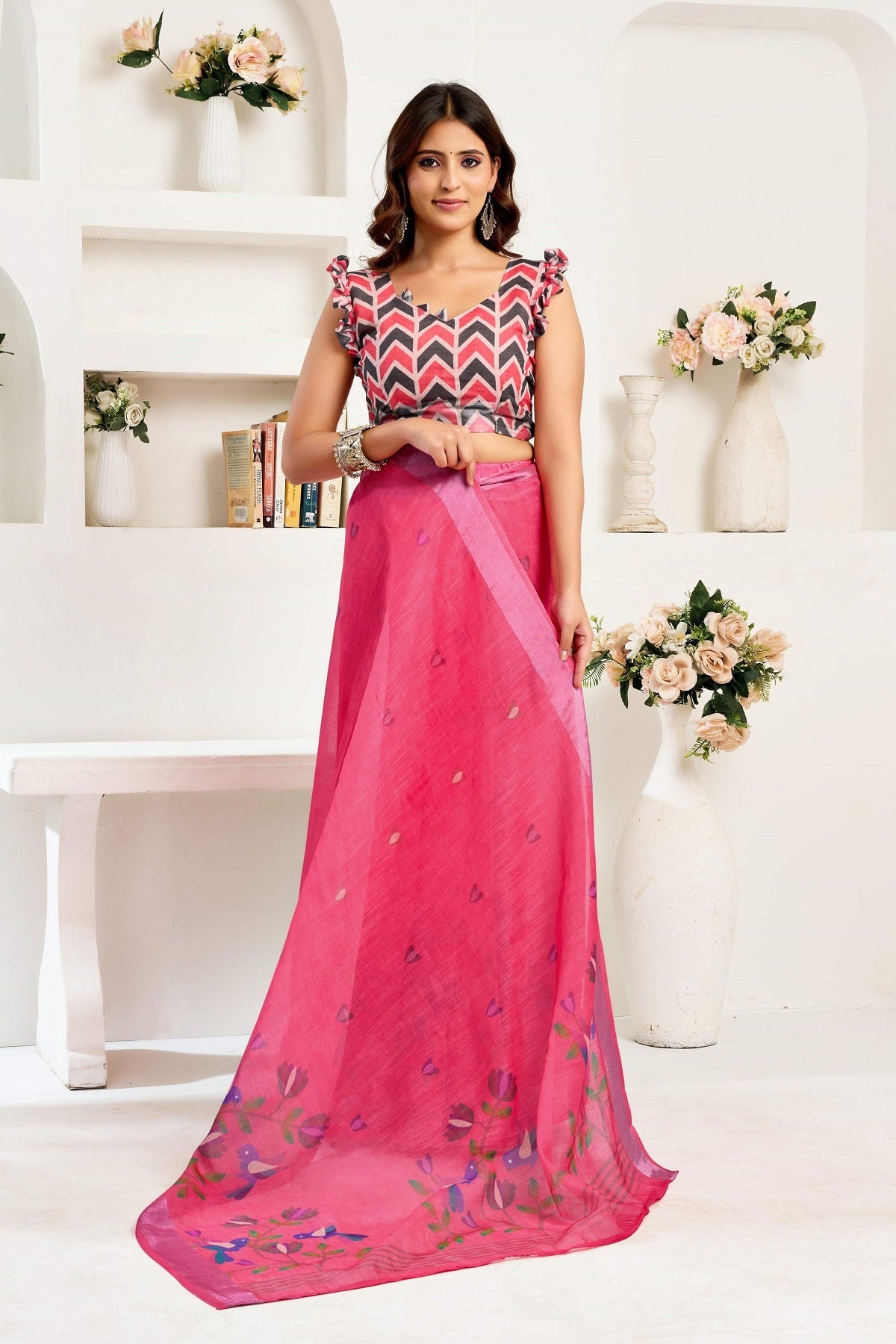Dwija Fashion Pink Party Wear Printed Linen Ready To Wear Saree With Unstitched Blouse | Grocsy