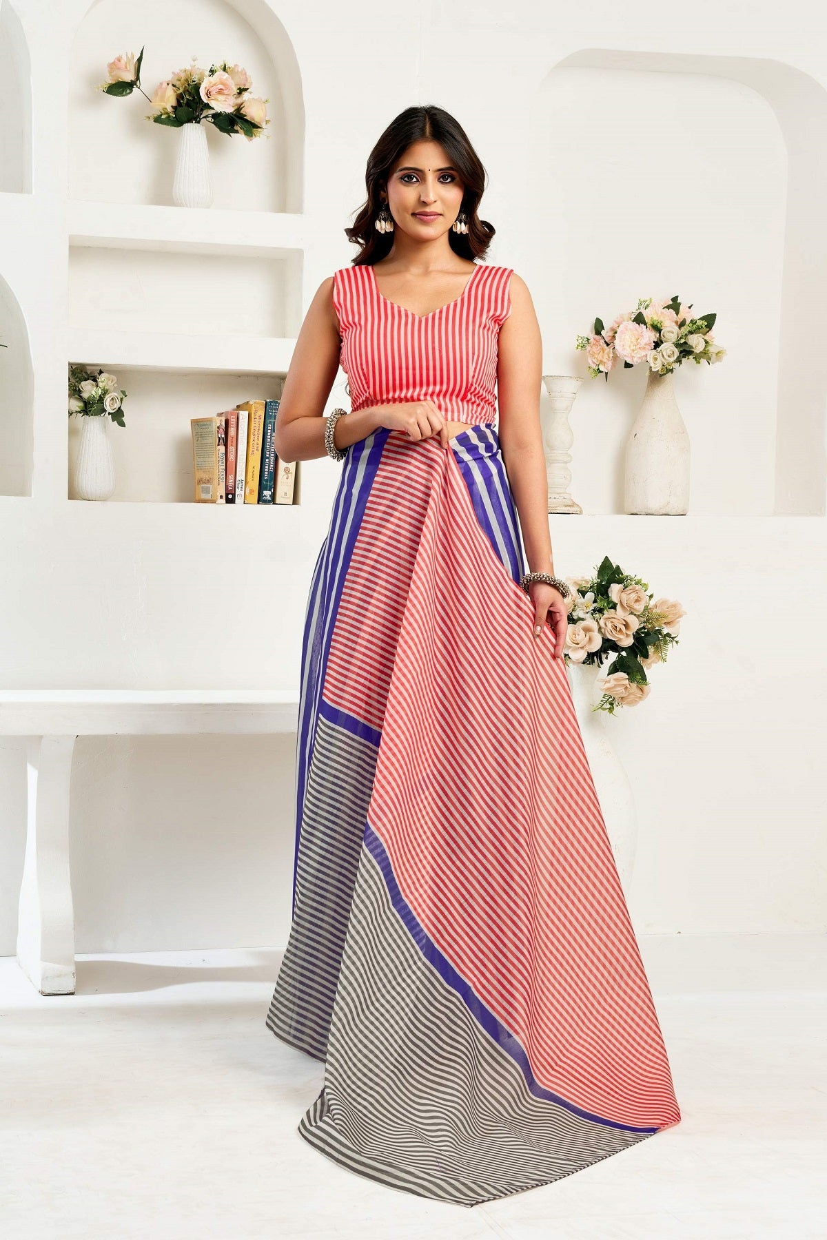 Dwija Fashion Multicolor Party Wear Printed Linen Ready To Wear Saree With Unstitched Blouse | Grocsy