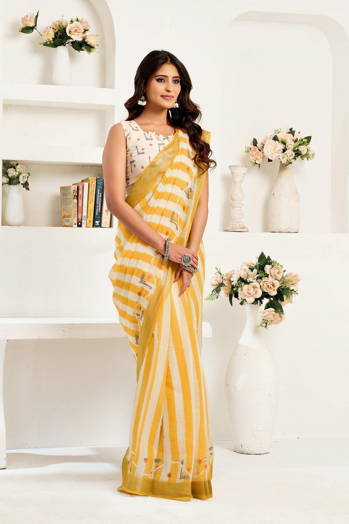 Dwija Fashion Yellow Party Wear Printed Linen Ready To Wear Saree With Unstitched Blouse | Grocsy