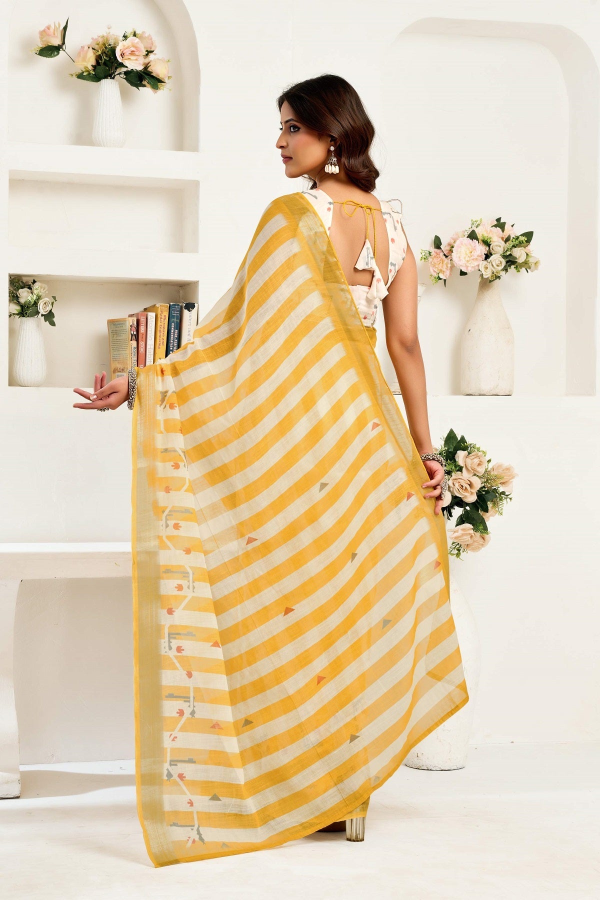 Dwija Fashion Yellow Party Wear Printed Linen Ready To Wear Saree With Unstitched Blouse | Grocsy