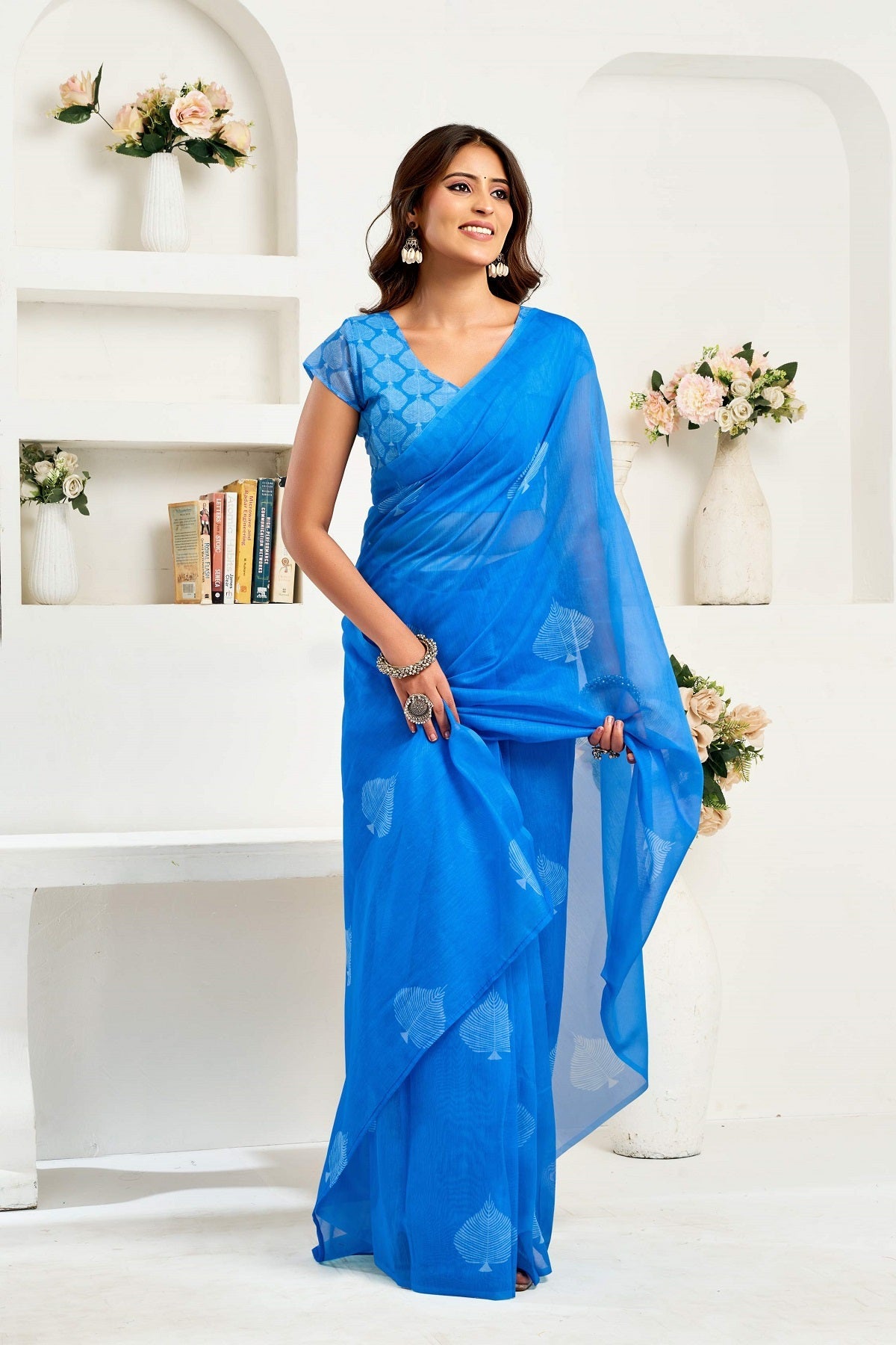 Dwija Fashion Blue Party Wear Printed Linen Ready To Wear Saree With Unstitched Blouse | Grocsy