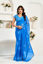 Dwija Fashion Blue Party Wear Printed Linen Ready To Wear Saree With Unstitched Blouse | Grocsy