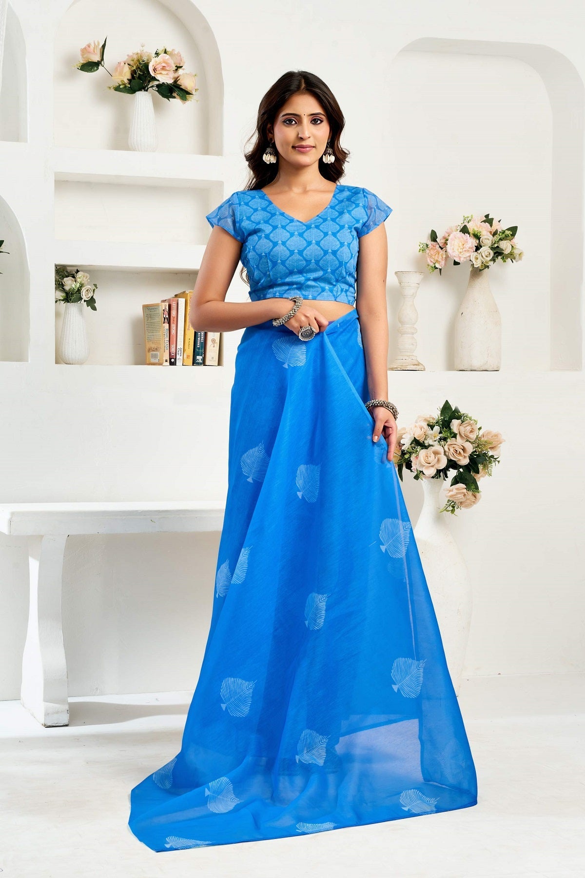 Dwija Fashion Blue Party Wear Printed Linen Ready To Wear Saree With Unstitched Blouse | Grocsy
