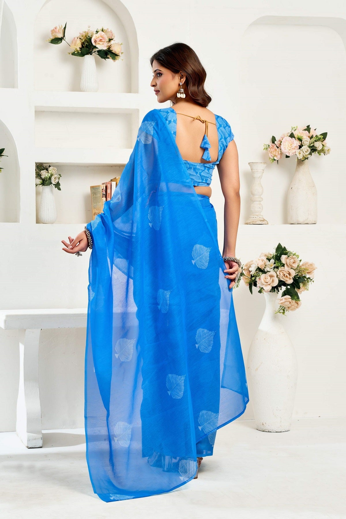 Dwija Fashion Blue Party Wear Printed Linen Ready To Wear Saree With Unstitched Blouse | Grocsy