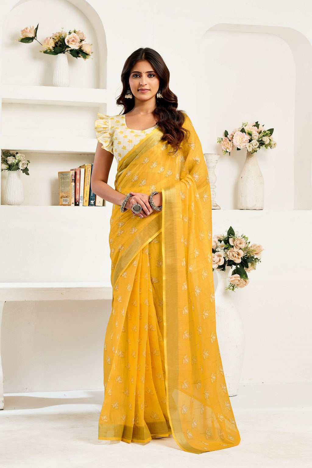 Dwija Fashion Yellow Party Wear Printed Linen Ready To Wear Saree With Unstitched Blouse | Grocsy