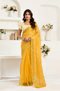Dwija Fashion Yellow Party Wear Printed Linen Ready To Wear Saree With Unstitched Blouse | Grocsy