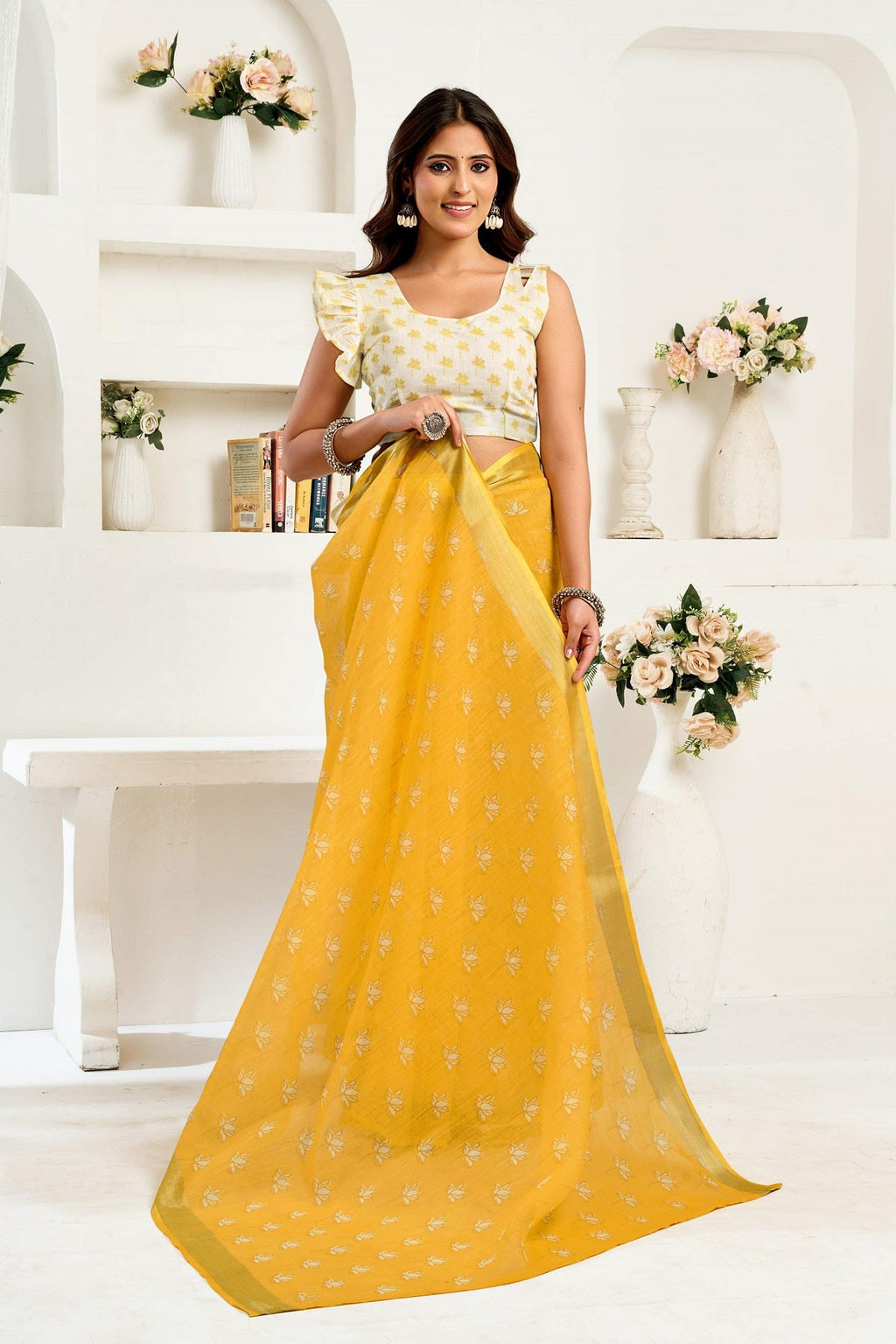 Dwija Fashion Yellow Party Wear Printed Linen Ready To Wear Saree With Unstitched Blouse | Grocsy