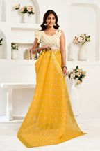 Dwija Fashion Yellow Party Wear Printed Linen Ready To Wear Saree With Unstitched Blouse | Grocsy