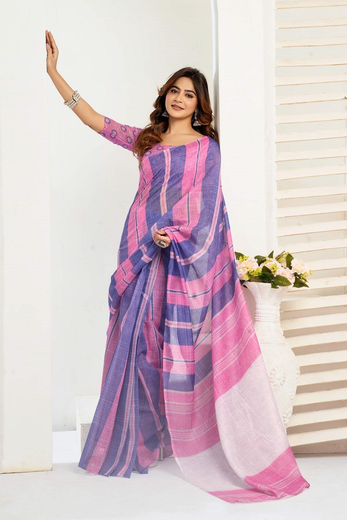 Dwija Fashion Pink Party Wear Printed Linen Ready To Wear Saree With Unstitched Blouse | Grocsy