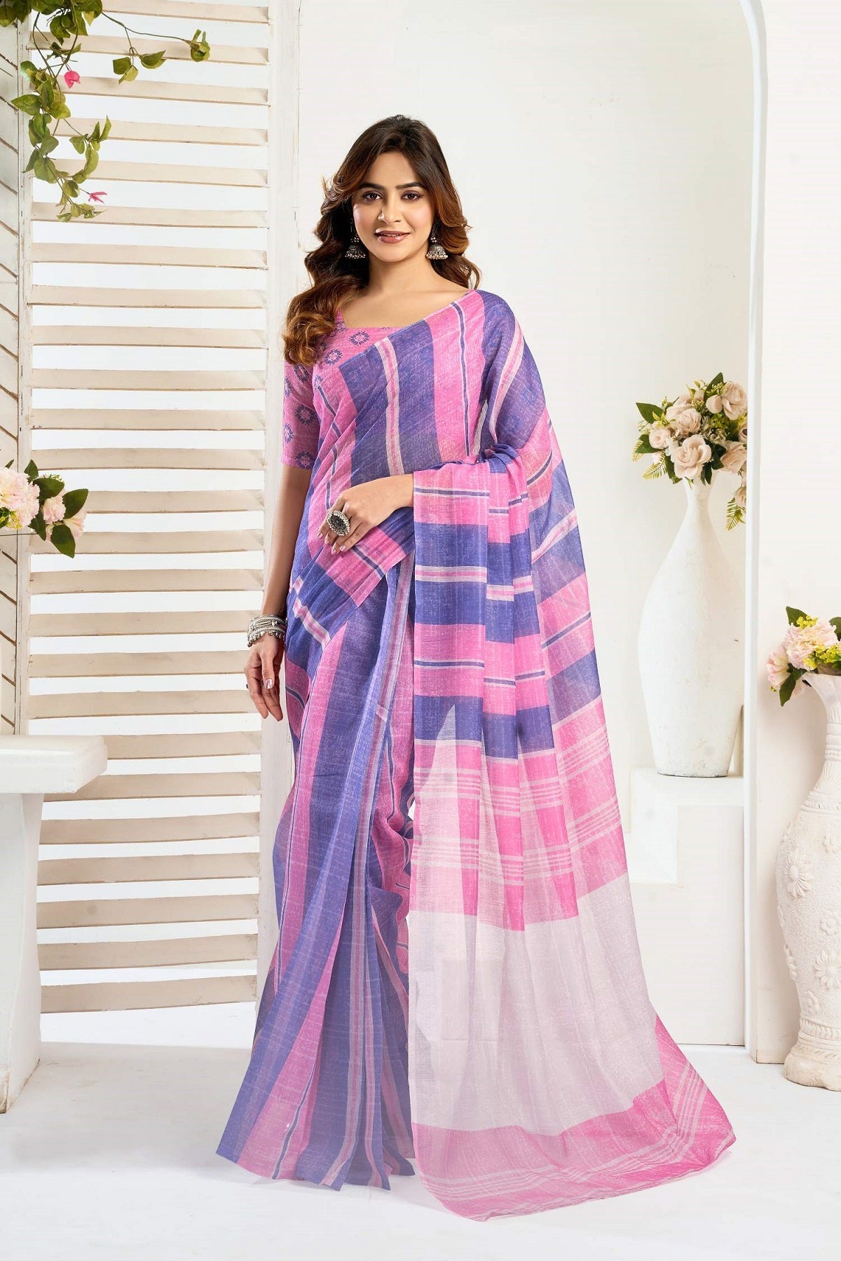 Dwija Fashion Pink Party Wear Printed Linen Ready To Wear Saree With Unstitched Blouse | Grocsy