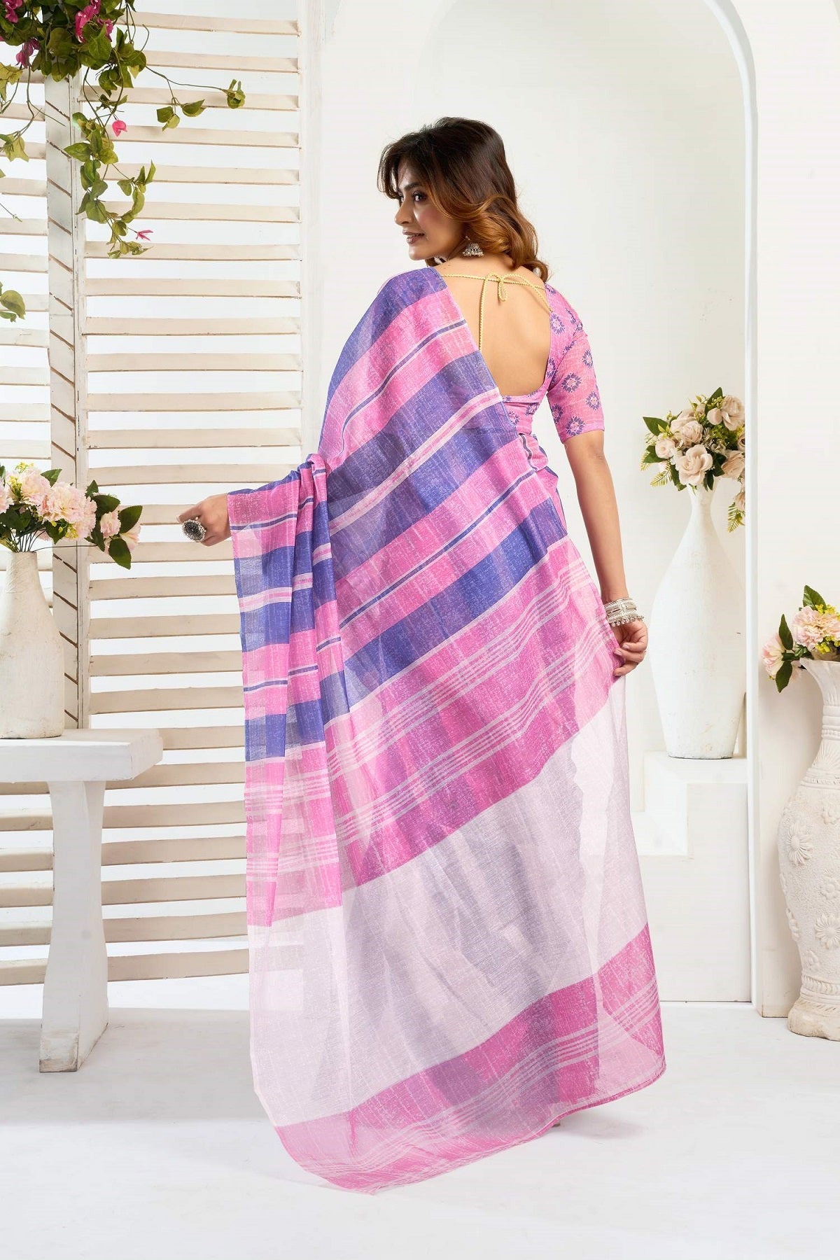 Dwija Fashion Pink Party Wear Printed Linen Ready To Wear Saree With Unstitched Blouse | Grocsy