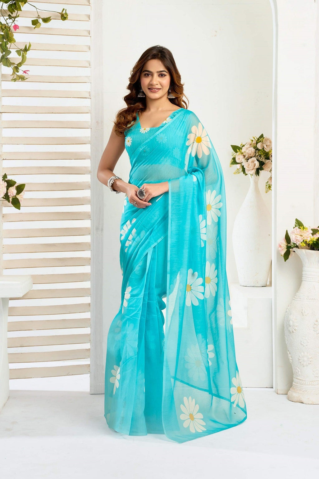 Dwija Fashion Turquoise Blue Party Wear Printed Linen Ready To Wear Saree With Unstitched Blouse | Grocsy