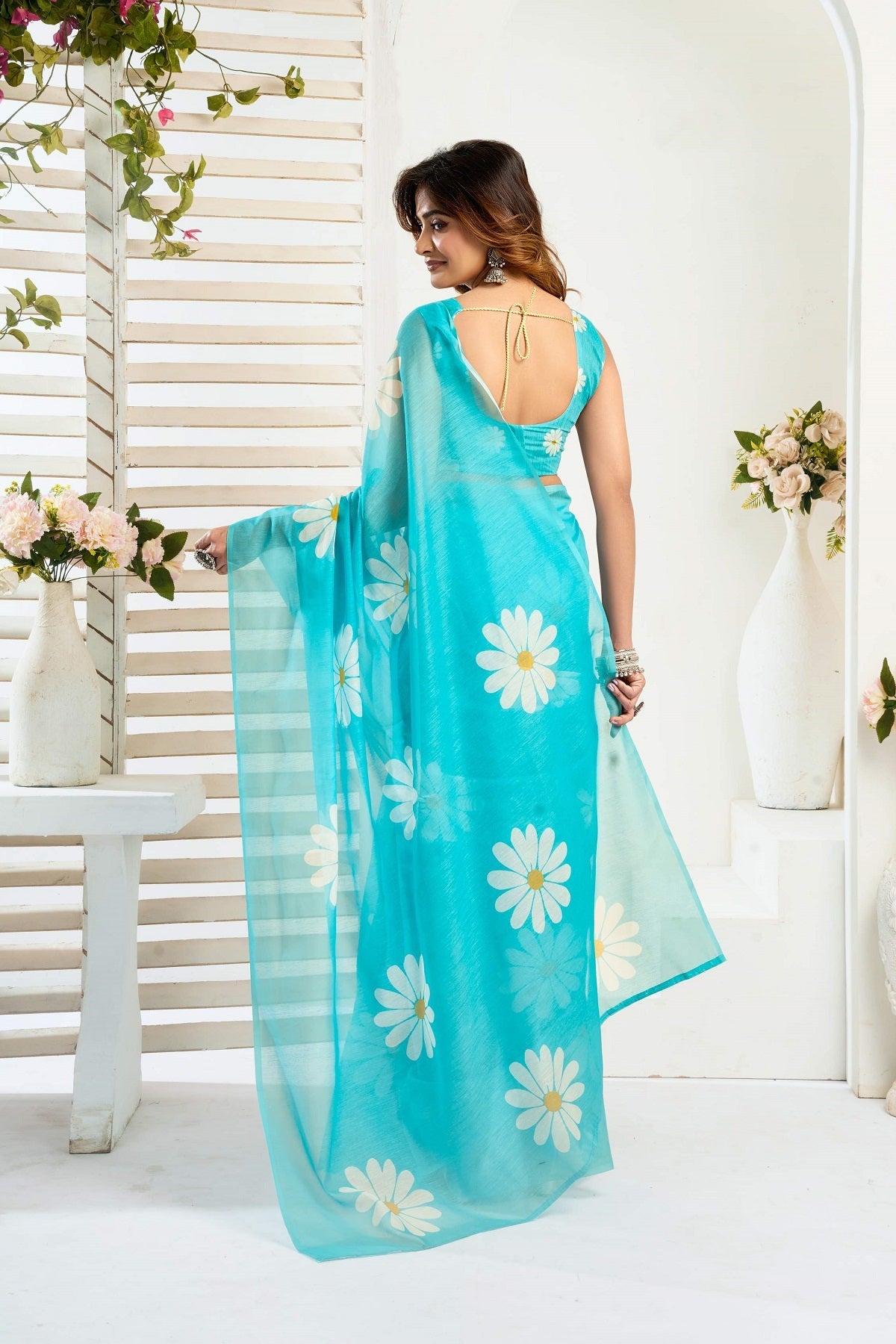Dwija Fashion Turquoise Blue Party Wear Printed Linen Ready To Wear Saree With Unstitched Blouse | Grocsy
