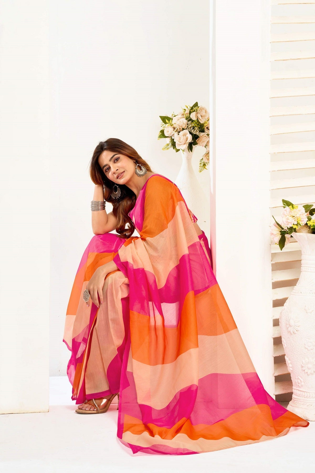 Dwija Fashion Multicolor Party Wear Printed Linen Ready To Wear Saree With Unstitched Blouse | Grocsy