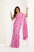 Dwija Fashion Pink Party Wear Printed Linen Ready To Wear Saree With Unstitched Blouse | Grocsy