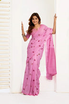 Dwija Fashion Pink Party Wear Printed Linen Ready To Wear Saree With Unstitched Blouse | Grocsy
