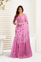 Dwija Fashion Pink Party Wear Printed Linen Ready To Wear Saree With Unstitched Blouse | Grocsy