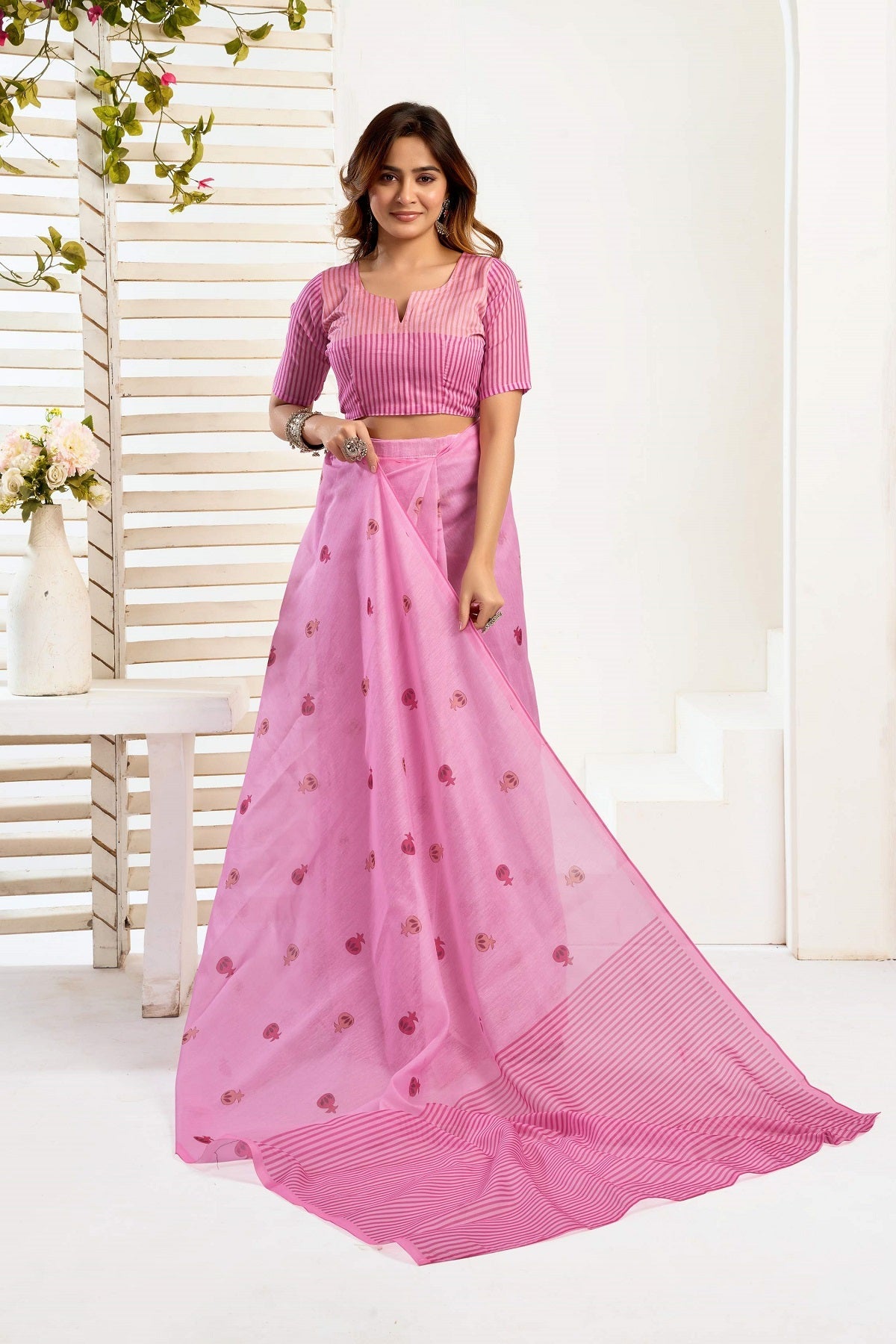 Dwija Fashion Pink Party Wear Printed Linen Ready To Wear Saree With Unstitched Blouse | Grocsy