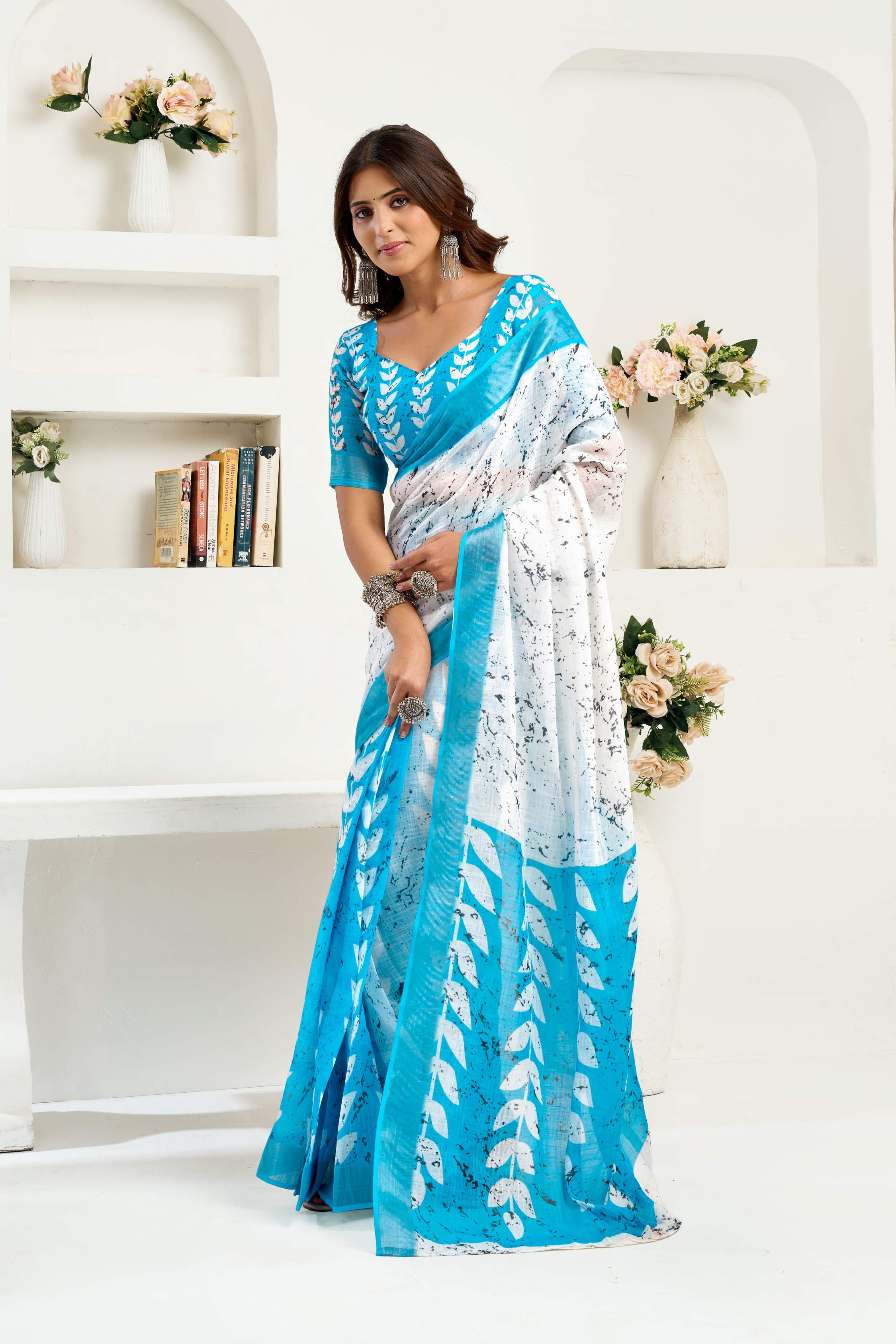Dwija Fashion Sky Blue Party Wear Printed Linen Ready To Wear Saree With Unstitched Blouse | Grocsy