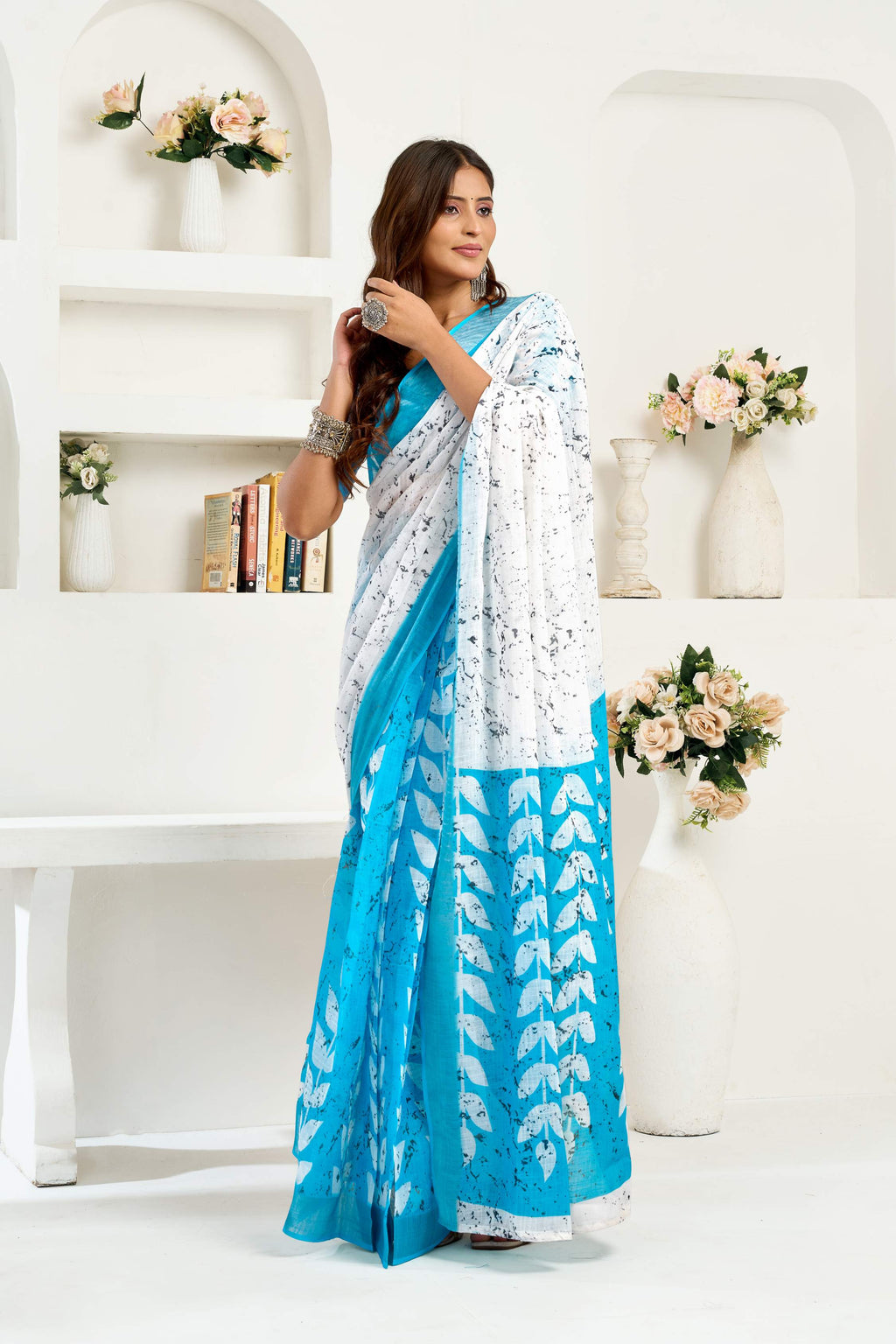 Dwija Fashion Sky Blue Party Wear Printed Linen Ready To Wear Saree With Unstitched Blouse | Grocsy