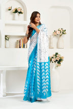 Dwija Fashion Sky Blue Party Wear Printed Linen Ready To Wear Saree With Unstitched Blouse | Grocsy