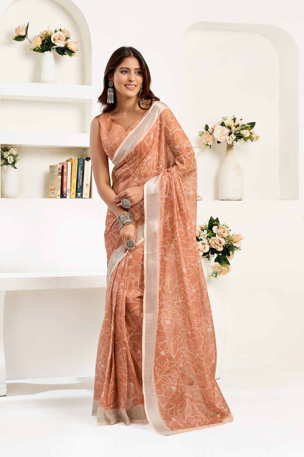 Dwija Fashion Beige Party Wear Printed Linen Ready To Wear Saree With Unstitched Blouse | Grocsy