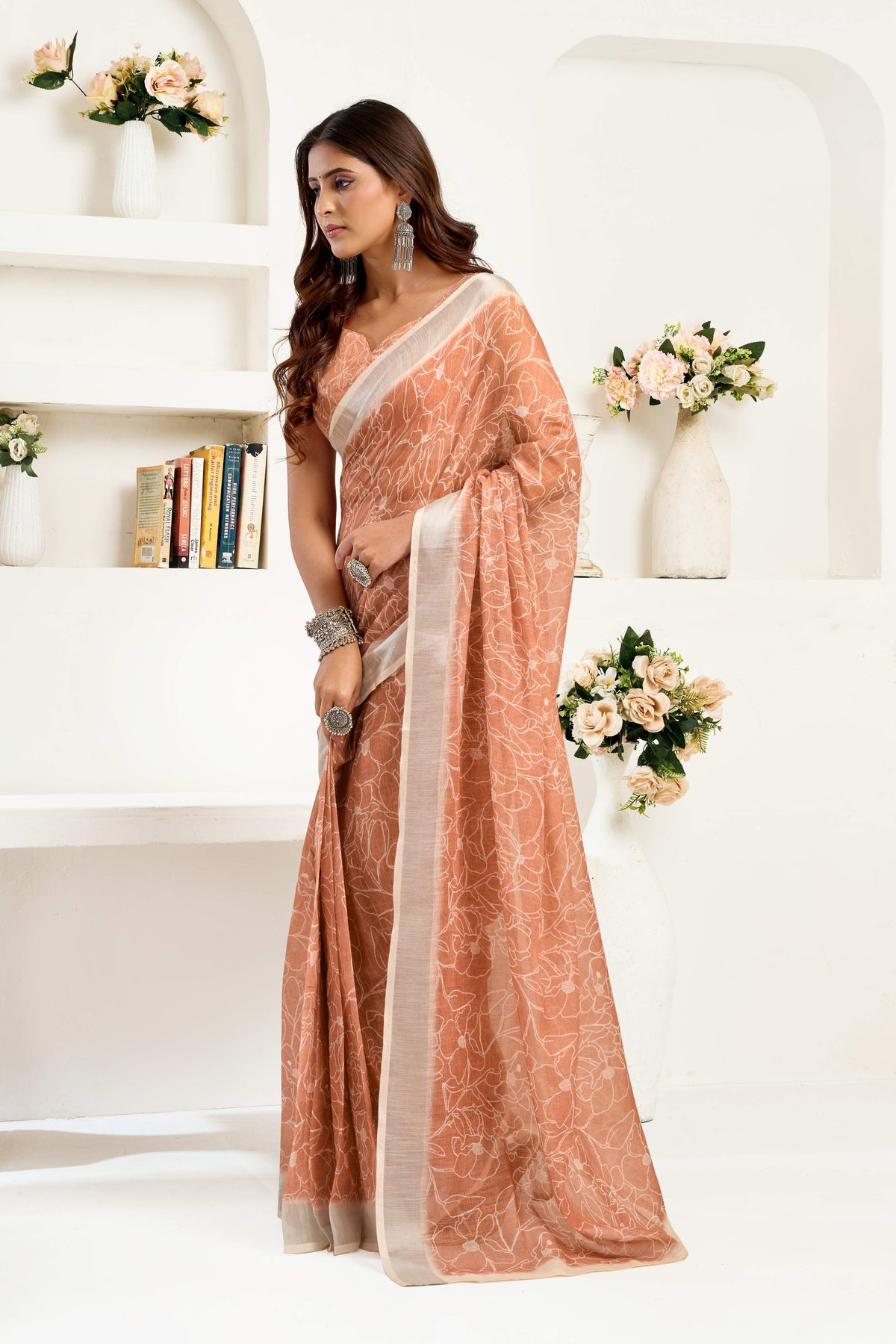 Dwija Fashion Beige Party Wear Printed Linen Ready To Wear Saree With Unstitched Blouse | Grocsy