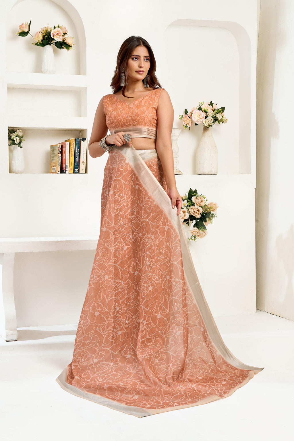 Dwija Fashion Beige Party Wear Printed Linen Ready To Wear Saree With Unstitched Blouse | Grocsy