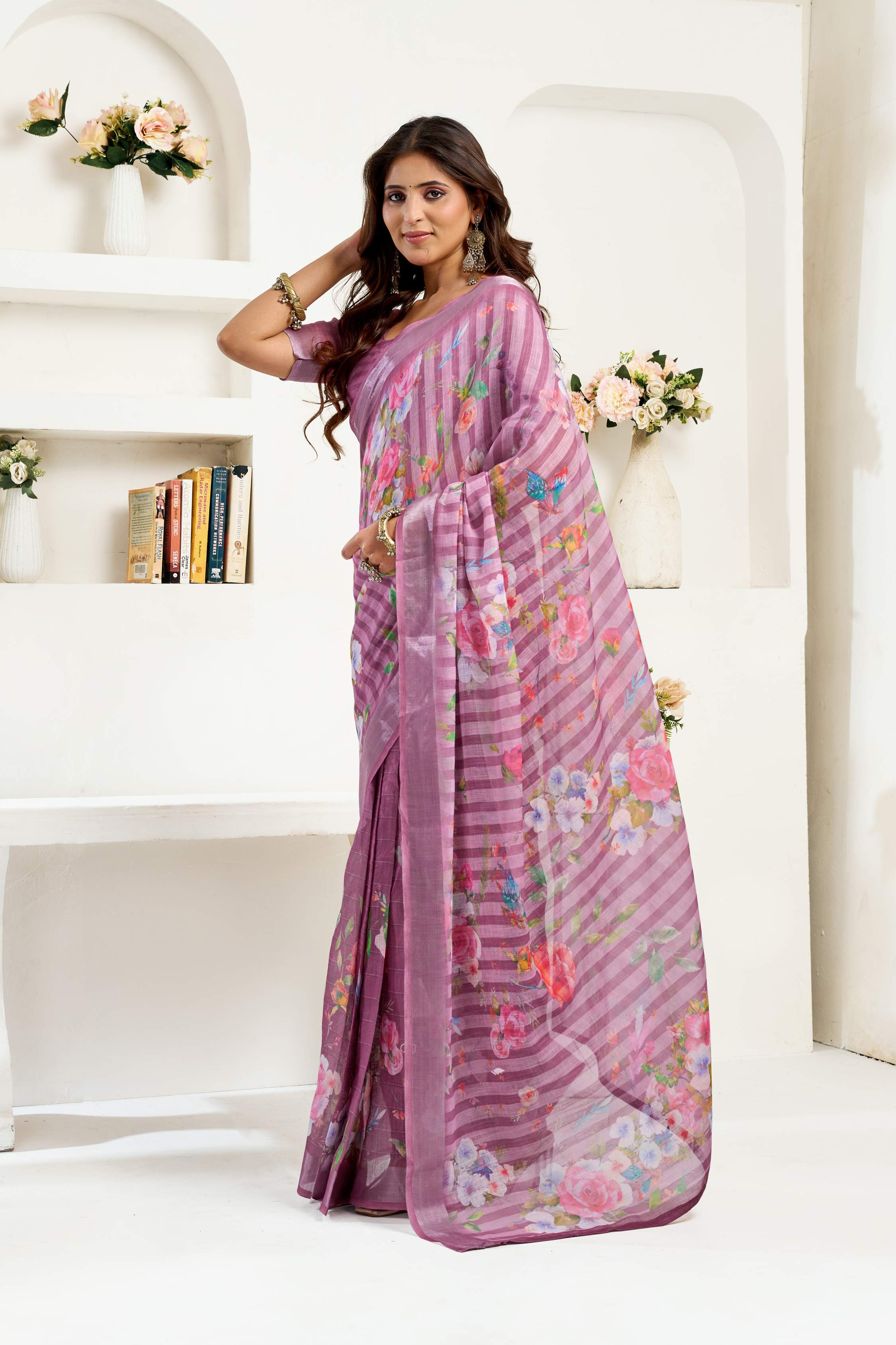 Dwija Fashion Purple Party Wear Printed Linen Ready To Wear Saree With Unstitched Blouse | Grocsy