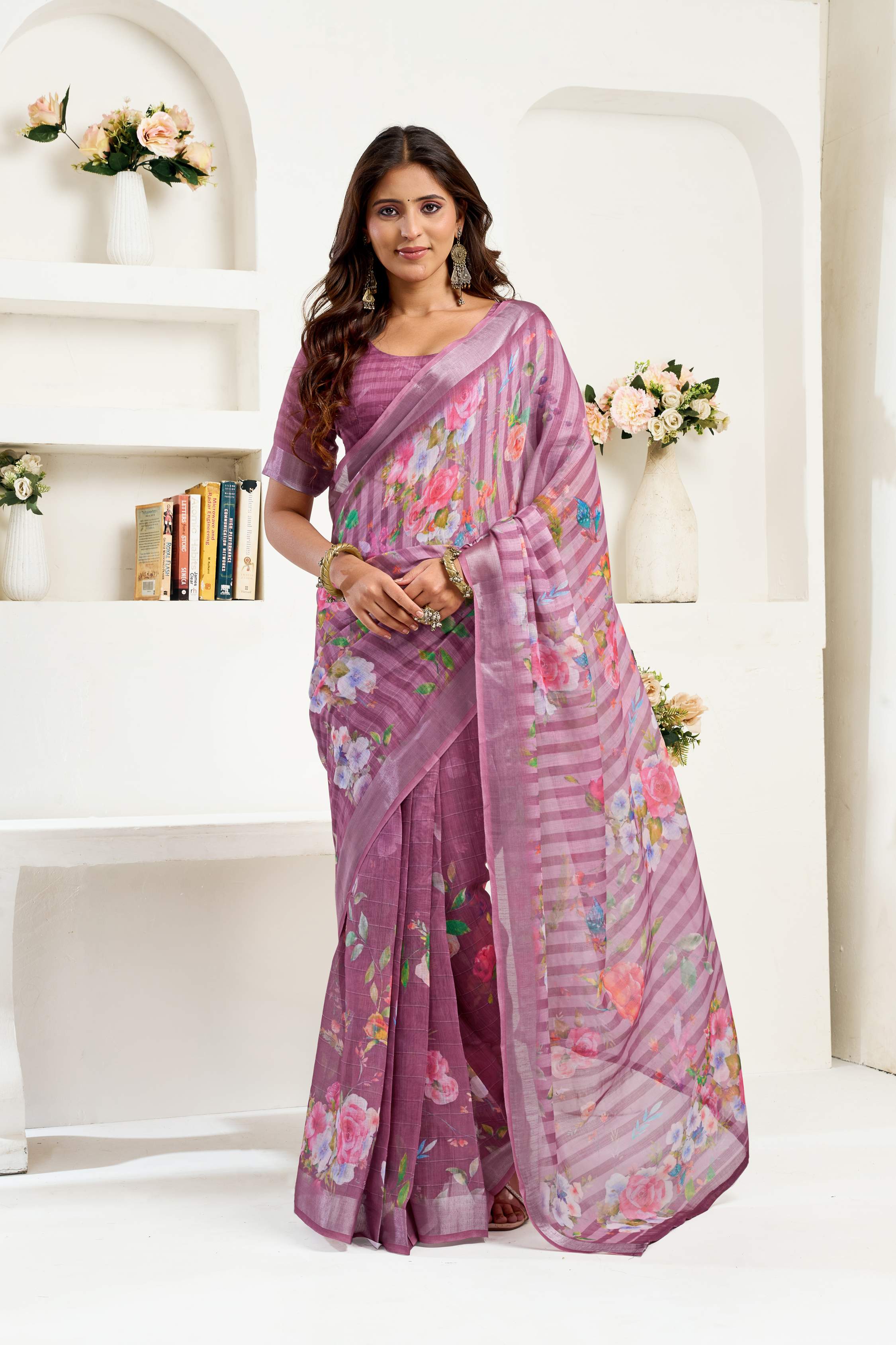 Dwija Fashion Purple Party Wear Printed Linen Ready To Wear Saree With Unstitched Blouse | Grocsy