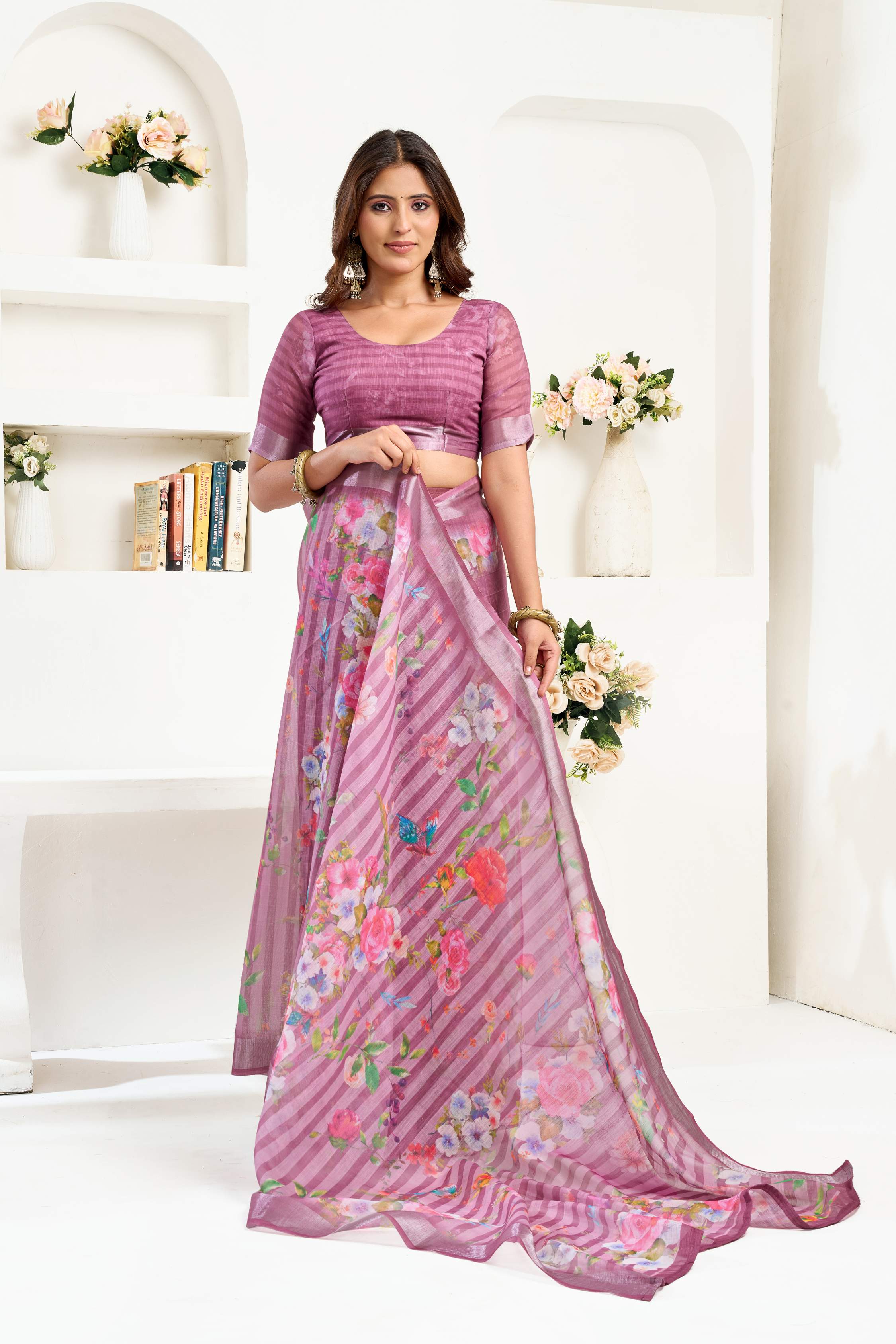 Dwija Fashion Purple Party Wear Printed Linen Ready To Wear Saree With Unstitched Blouse | Grocsy