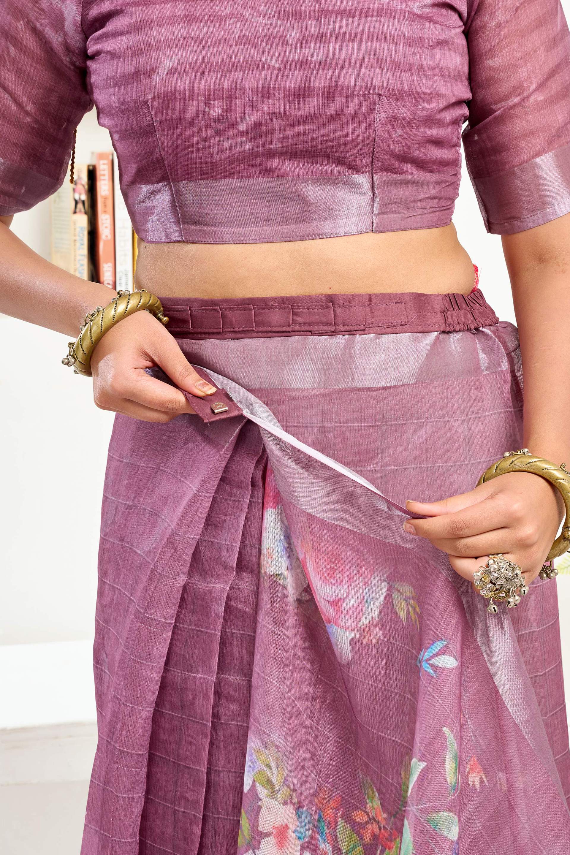 Dwija Fashion Purple Party Wear Printed Linen Ready To Wear Saree With Unstitched Blouse | Grocsy