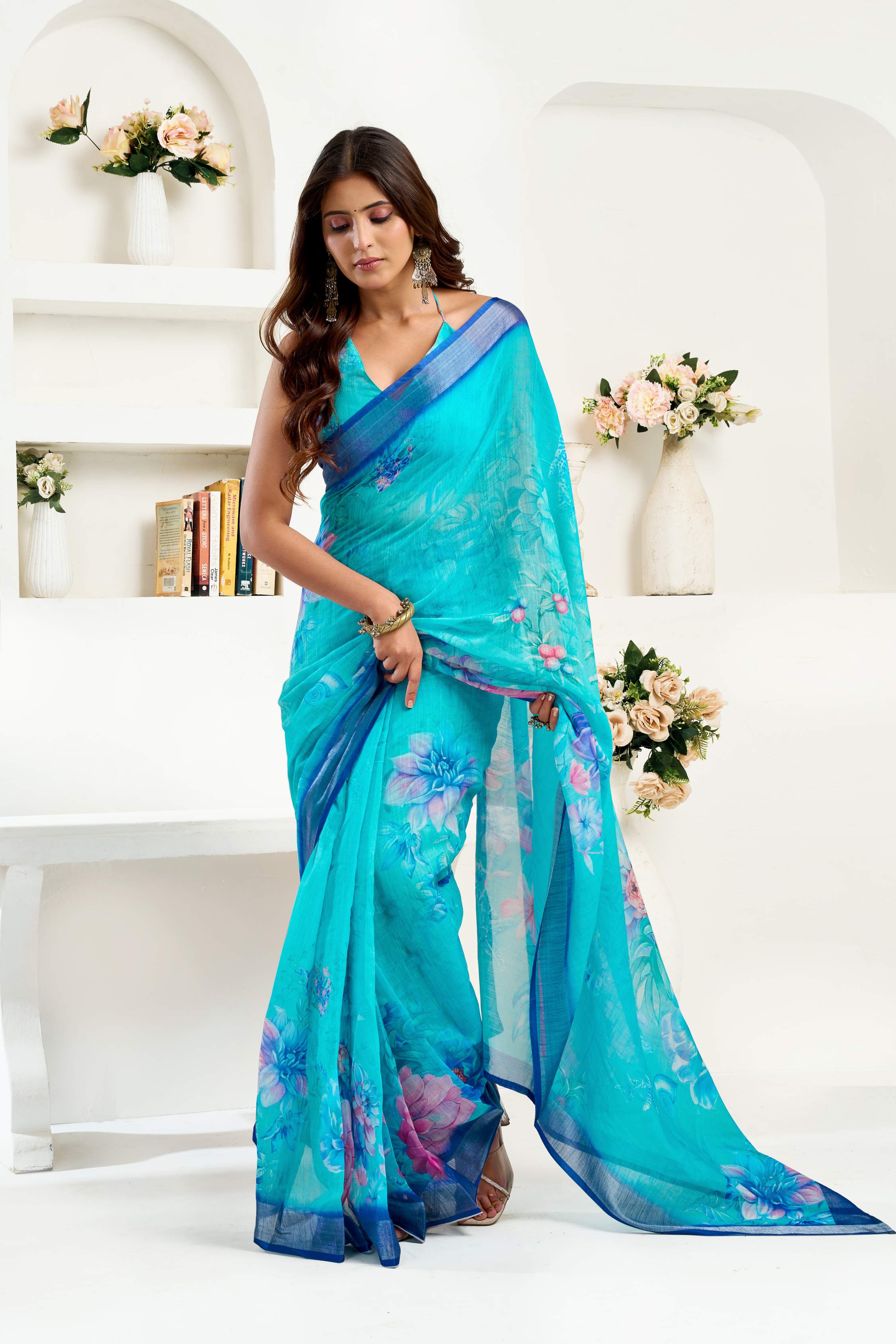 Dwija Fashion Turquoise Blue Party Wear Printed Linen Ready To Wear Saree With Unstitched Blouse | Grocsy