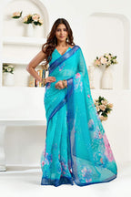 Dwija Fashion Turquoise Blue Party Wear Printed Linen Ready To Wear Saree With Unstitched Blouse | Grocsy