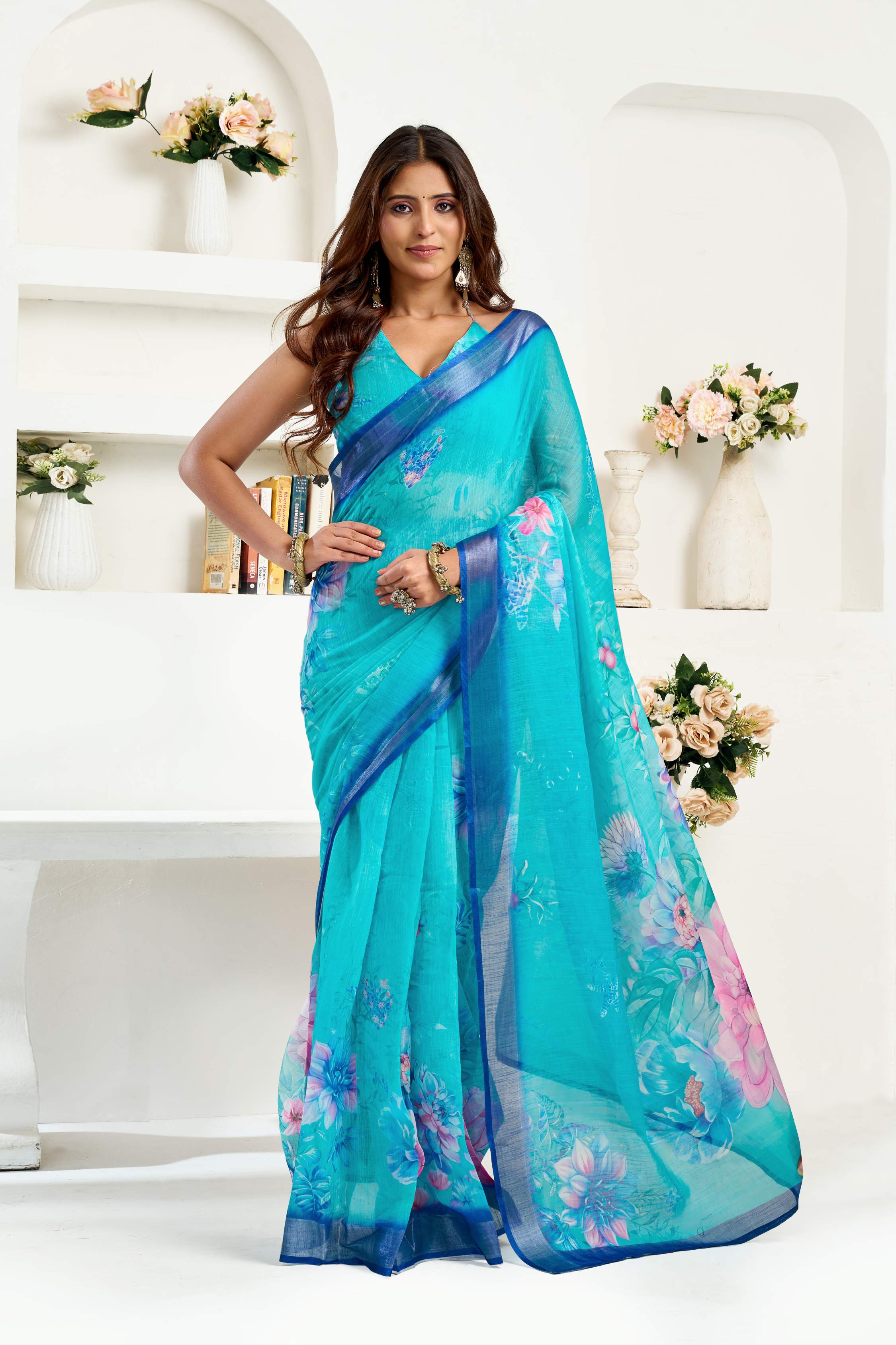 Dwija Fashion Turquoise Blue Party Wear Printed Linen Ready To Wear Saree With Unstitched Blouse | Grocsy