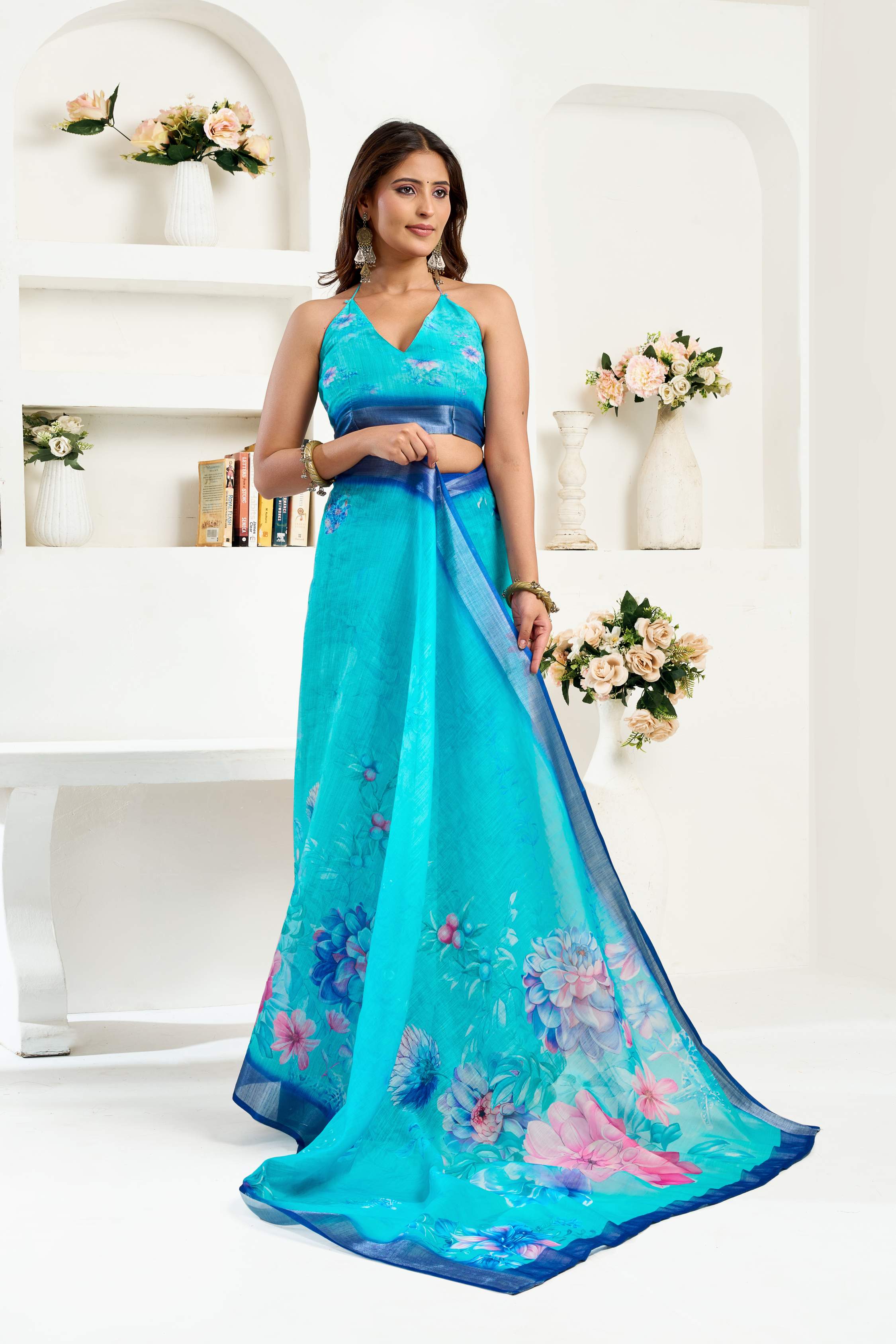 Dwija Fashion Turquoise Blue Party Wear Printed Linen Ready To Wear Saree With Unstitched Blouse | Grocsy