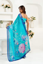 Dwija Fashion Turquoise Blue Party Wear Printed Linen Ready To Wear Saree With Unstitched Blouse | Grocsy