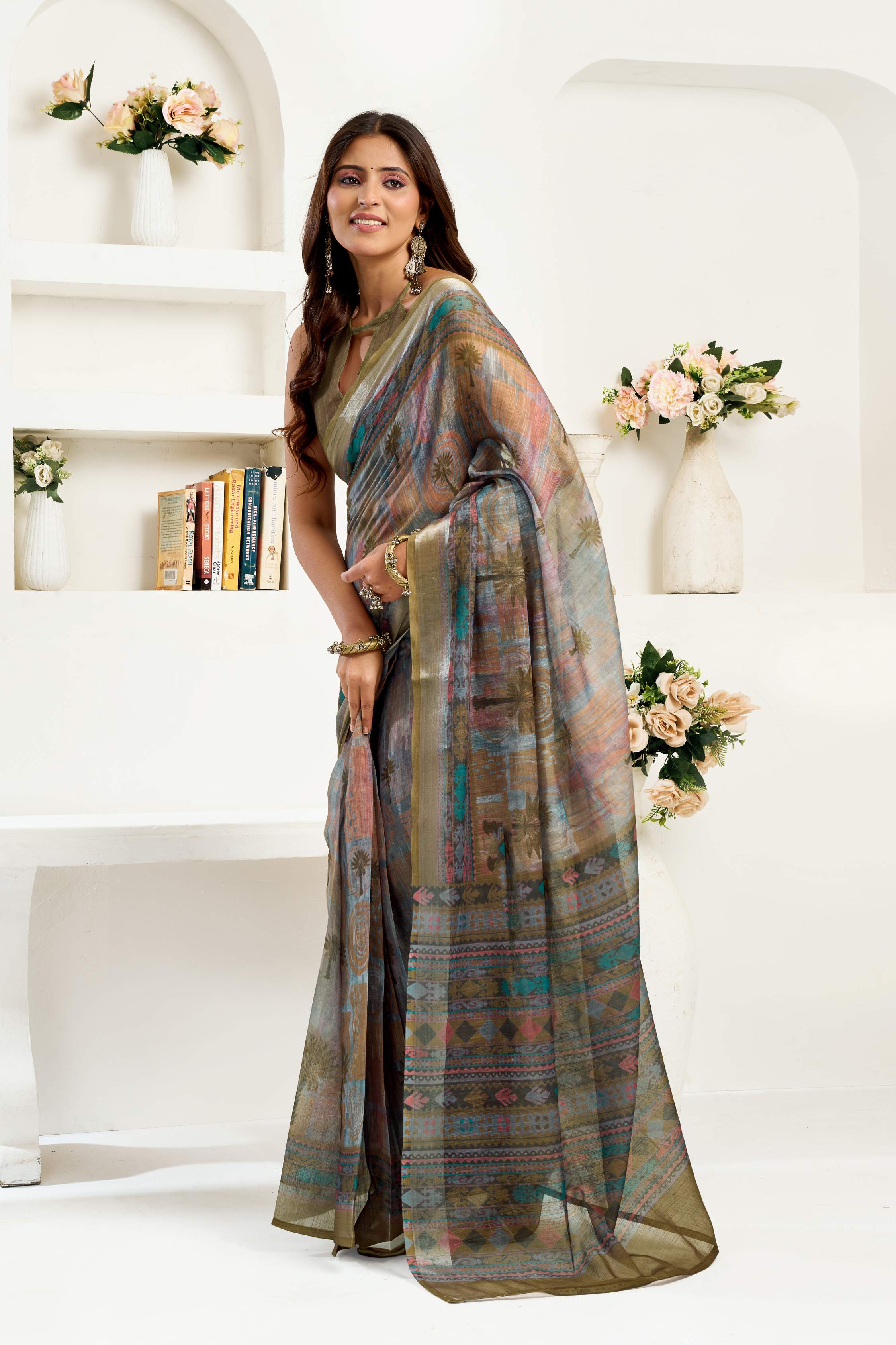 Dwija Fashion Sage Green Party Wear Printed Linen Ready To Wear Saree With Unstitched Blouse | Grocsy
