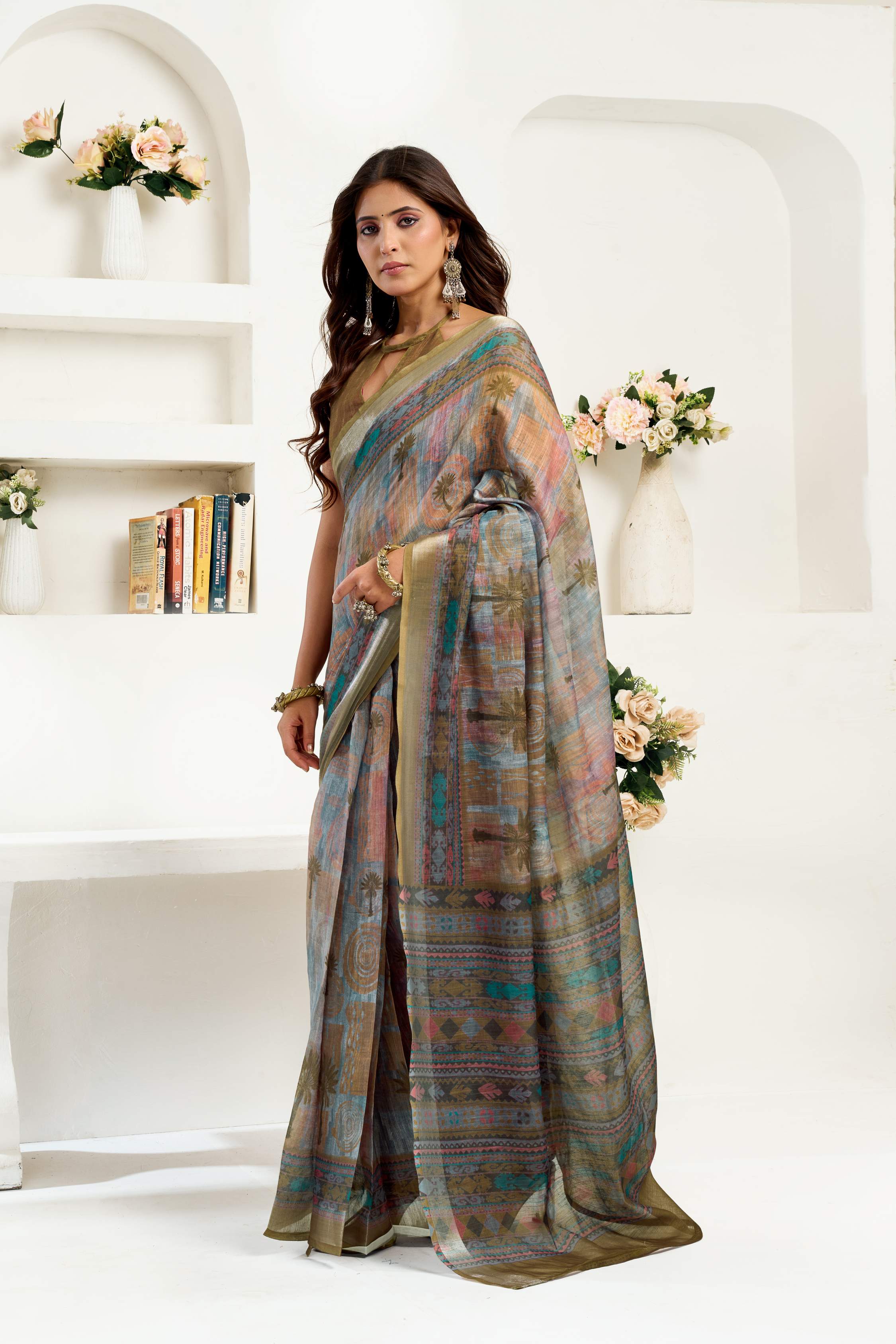 Dwija Fashion Sage Green Party Wear Printed Linen Ready To Wear Saree With Unstitched Blouse | Grocsy