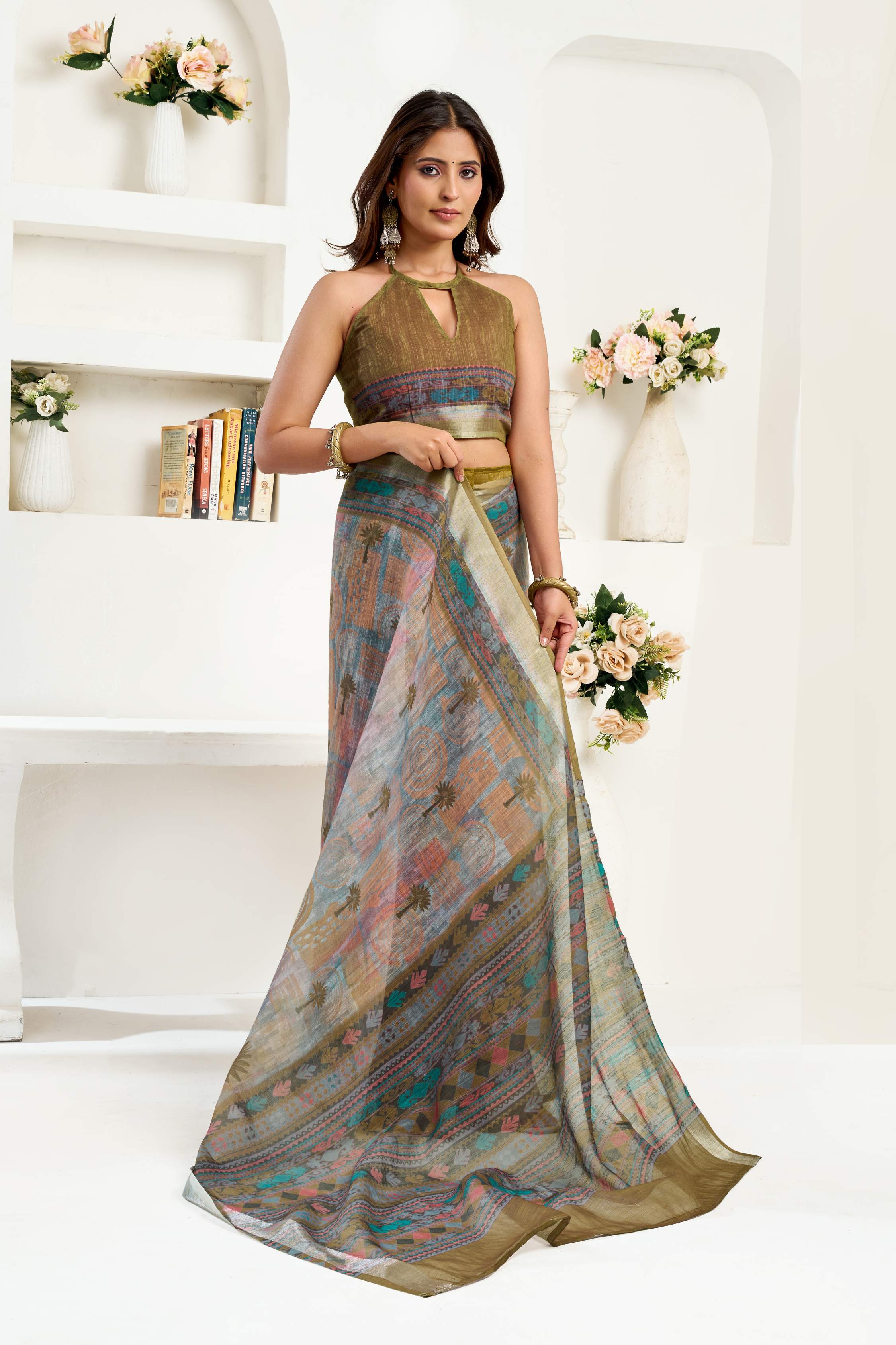 Dwija Fashion Sage Green Party Wear Printed Linen Ready To Wear Saree With Unstitched Blouse | Grocsy