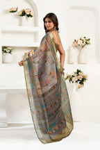 Dwija Fashion Sage Green Party Wear Printed Linen Ready To Wear Saree With Unstitched Blouse | Grocsy