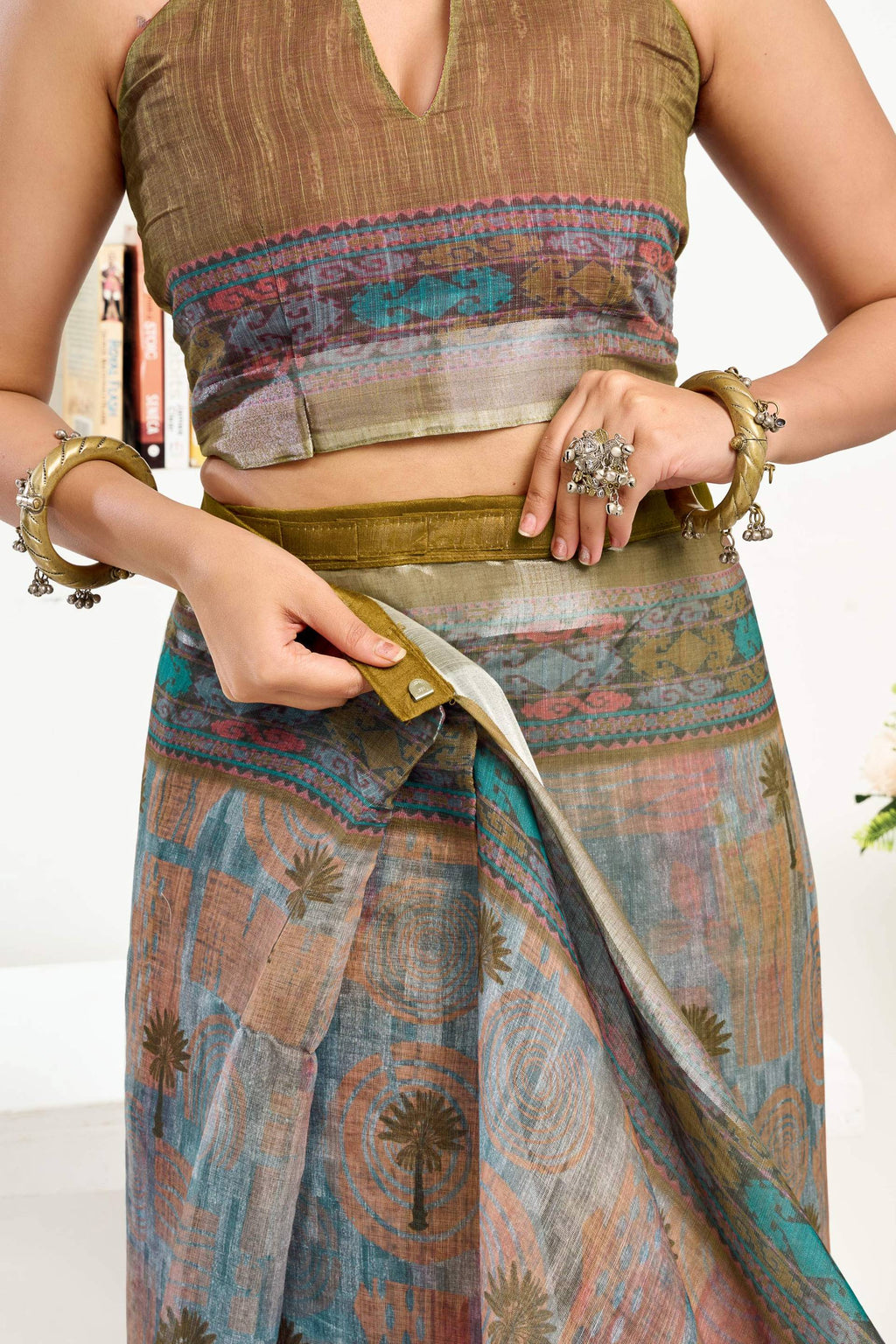 Dwija Fashion Sage Green Party Wear Printed Linen Ready To Wear Saree With Unstitched Blouse | Grocsy
