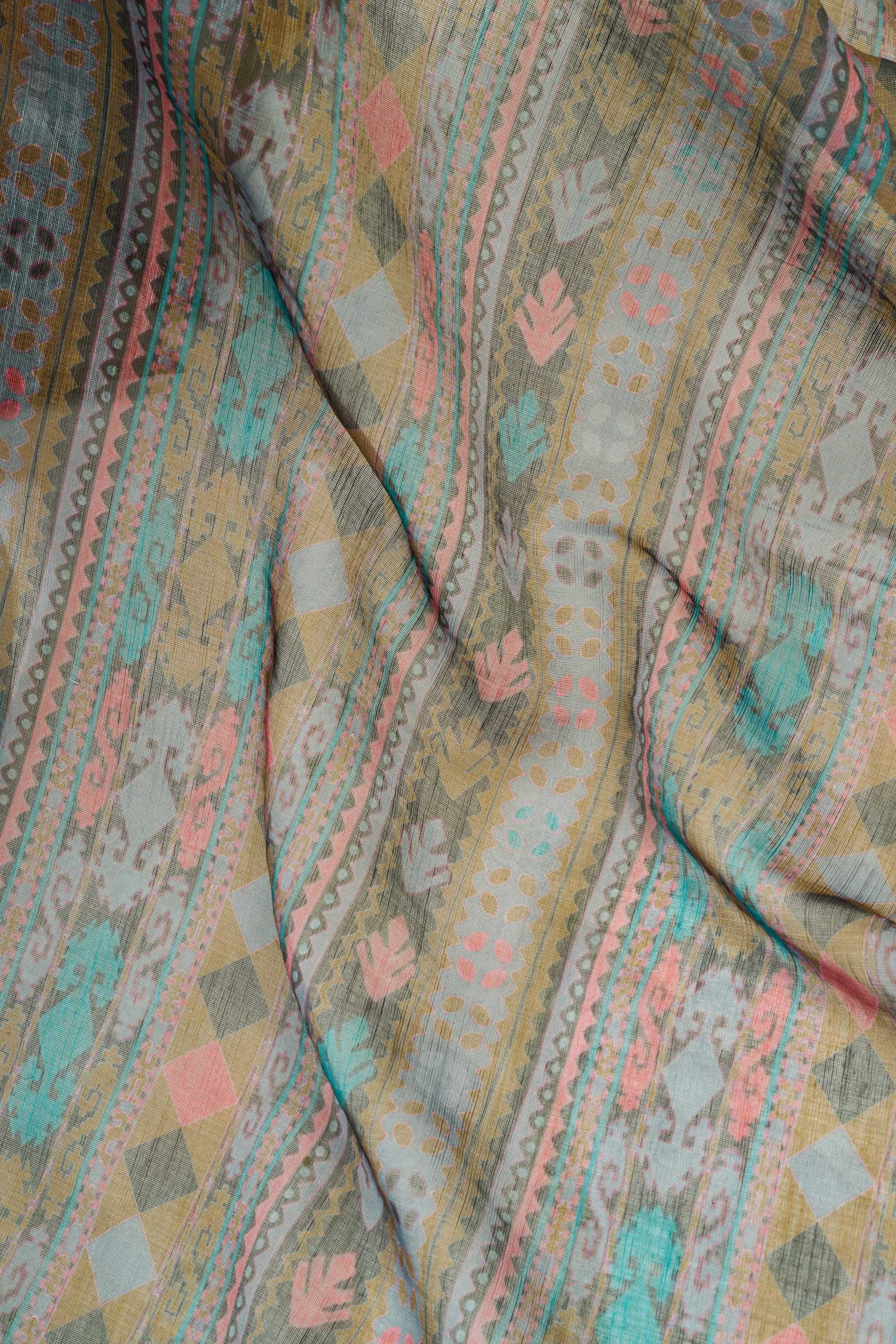 Dwija Fashion Sage Green Party Wear Printed Linen Ready To Wear Saree With Unstitched Blouse | Grocsy