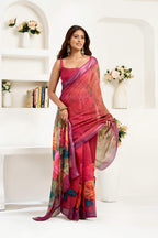 Dwija Fashion Maroon Party Wear Printed Linen Ready To Wear Saree With Unstitched Blouse | Grocsy