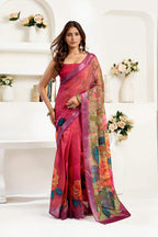 Dwija Fashion Maroon Party Wear Printed Linen Ready To Wear Saree With Unstitched Blouse | Grocsy